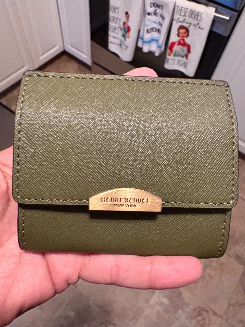 Henri Bendel Olive Green Saffiano Leather Compact Wallet with Gold Logo